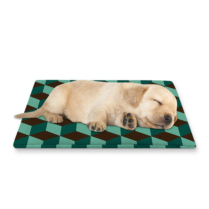 Dark Green Geometric Cube Pattern Print Pet Cooling Mat Cover
