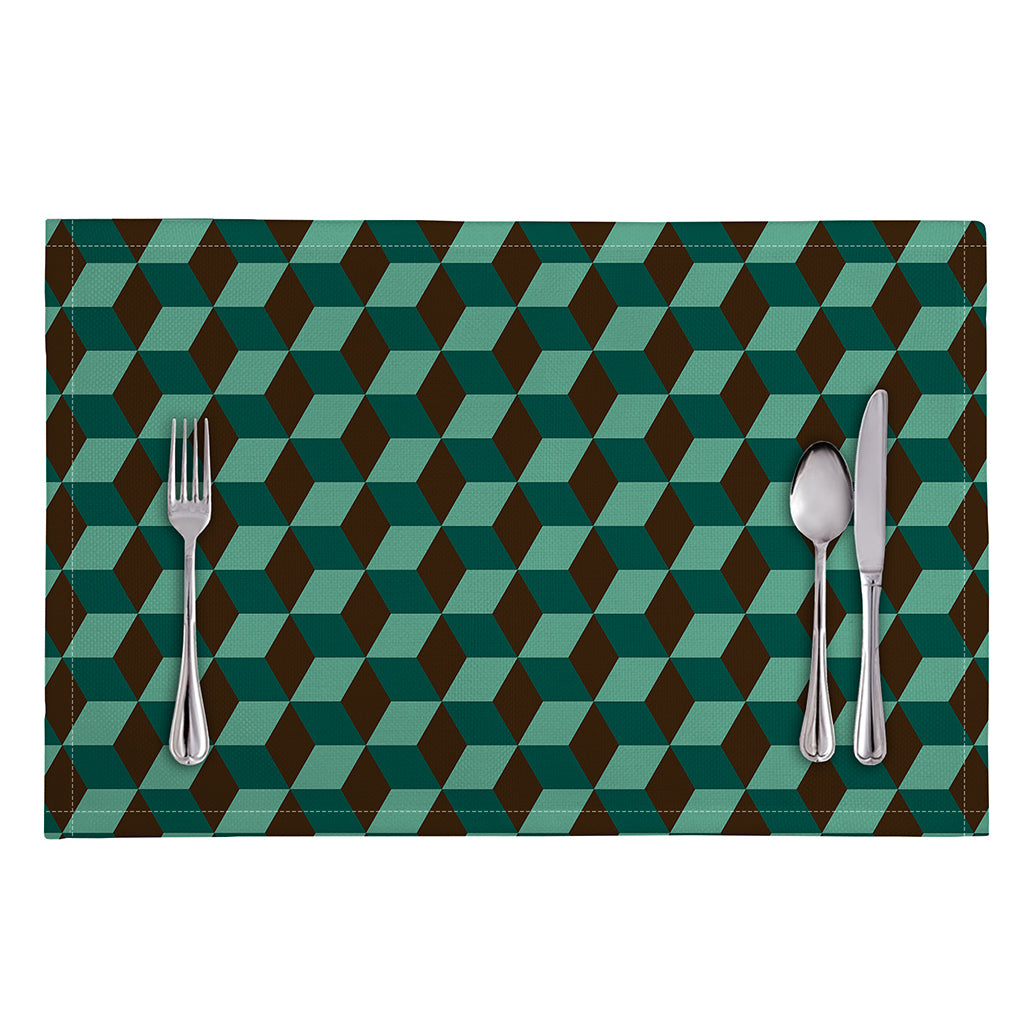 Dark Green Geometric Cube Pattern Print Placemat