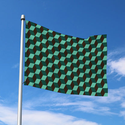 Dark Green Geometric Cube Pattern Print Polyester Flag