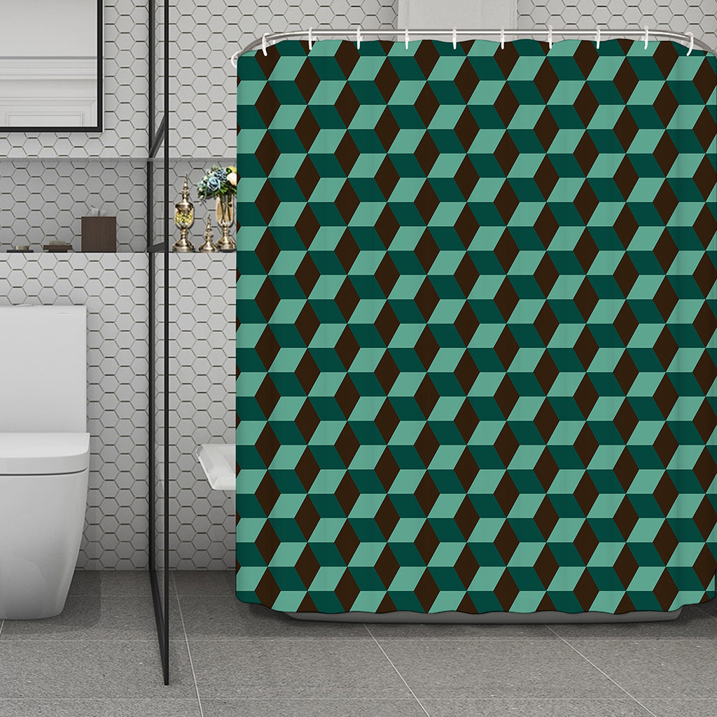 Dark Green Geometric Cube Pattern Print Polyester Shower Curtain