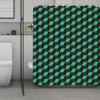 Dark Green Geometric Cube Pattern Print Polyester Shower Curtain