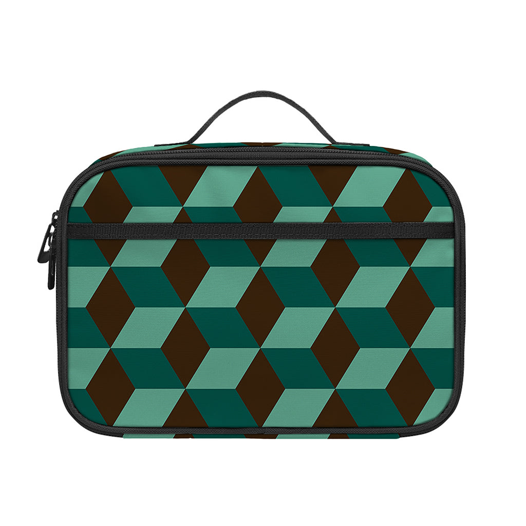 Dark Green Geometric Cube Pattern Print Portable Lunch Bag
