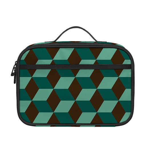 Dark Green Geometric Cube Pattern Print Portable Lunch Bag