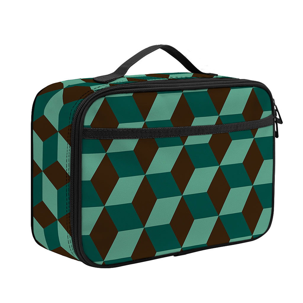 Dark Green Geometric Cube Pattern Print Portable Lunch Bag
