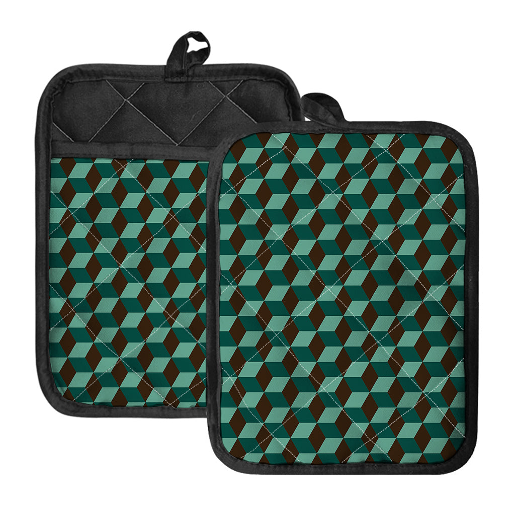 Dark Green Geometric Cube Pattern Print Pot Holders With Pocket
