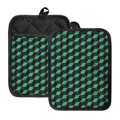 Dark Green Geometric Cube Pattern Print Pot Holders With Pocket