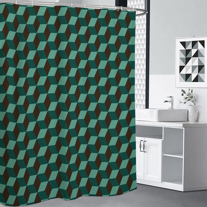 Dark Green Geometric Cube Pattern Print Premium Shower Curtain