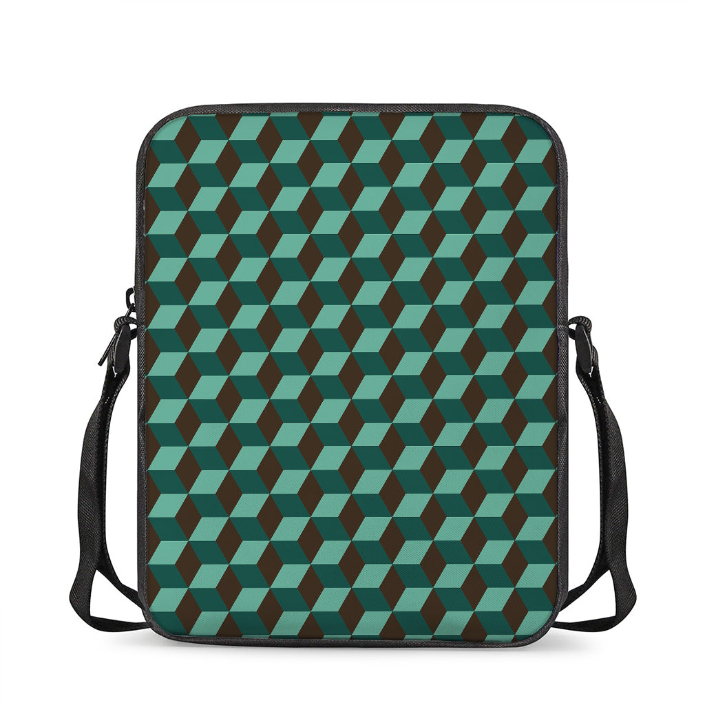 Dark Green Geometric Cube Pattern Print Rectangular Crossbody Bag