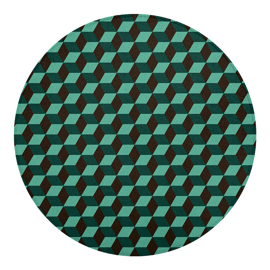 Dark Green Geometric Cube Pattern Print Round Blanket