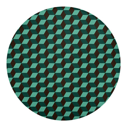 Dark Green Geometric Cube Pattern Print Round Blanket