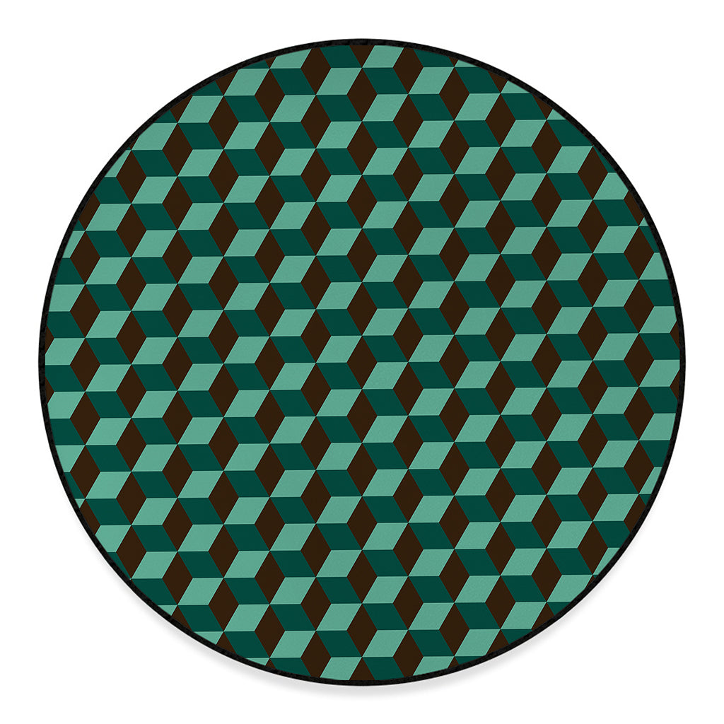 Dark Green Geometric Cube Pattern Print Round Floor Mat
