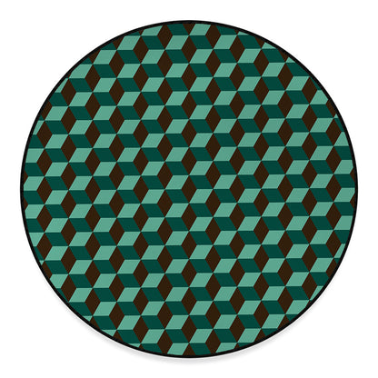 Dark Green Geometric Cube Pattern Print Round Floor Mat