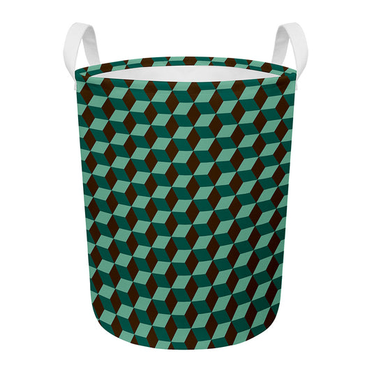 Dark Green Geometric Cube Pattern Print Round Laundry Basket