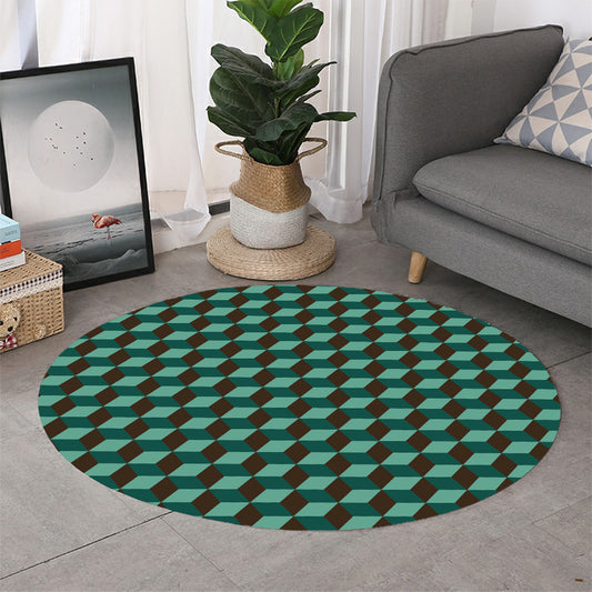 Dark Green Geometric Cube Pattern Print Round Rug