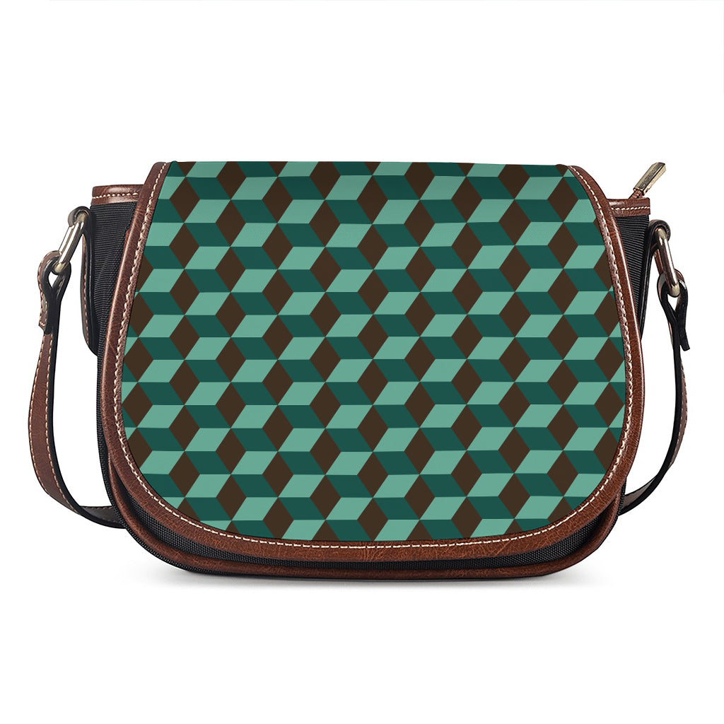 Dark Green Geometric Cube Pattern Print Saddle Bag