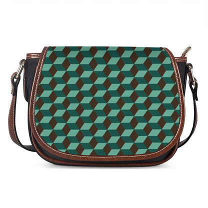 Dark Green Geometric Cube Pattern Print Saddle Bag