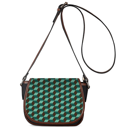 Dark Green Geometric Cube Pattern Print Saddle Bag