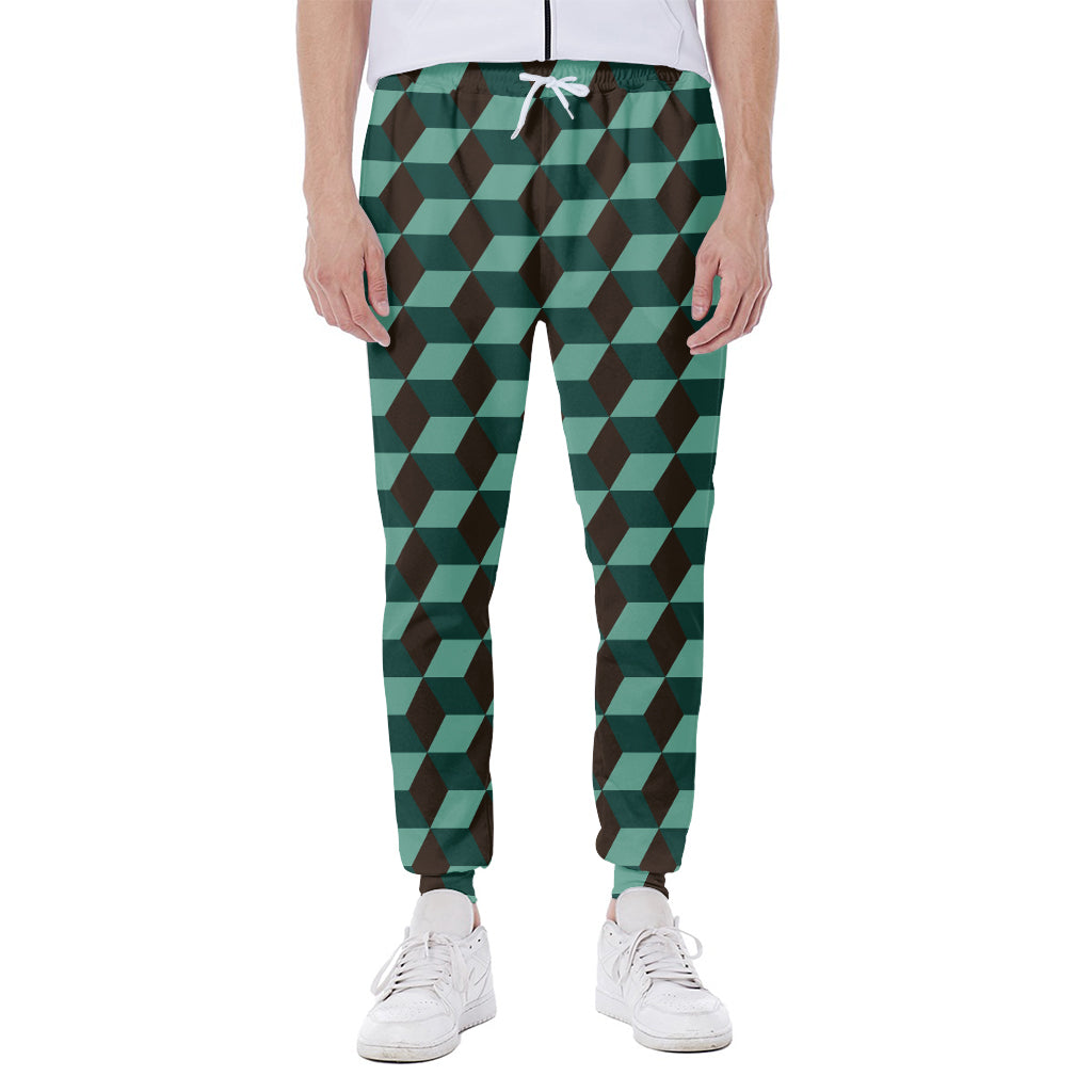 Dark Green Geometric Cube Pattern Print Scuba Joggers