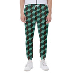 Dark Green Geometric Cube Pattern Print Scuba Joggers