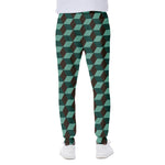 Dark Green Geometric Cube Pattern Print Scuba Joggers