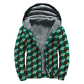 Dark Green Geometric Cube Pattern Print Sherpa Lined Zip Up Hoodie