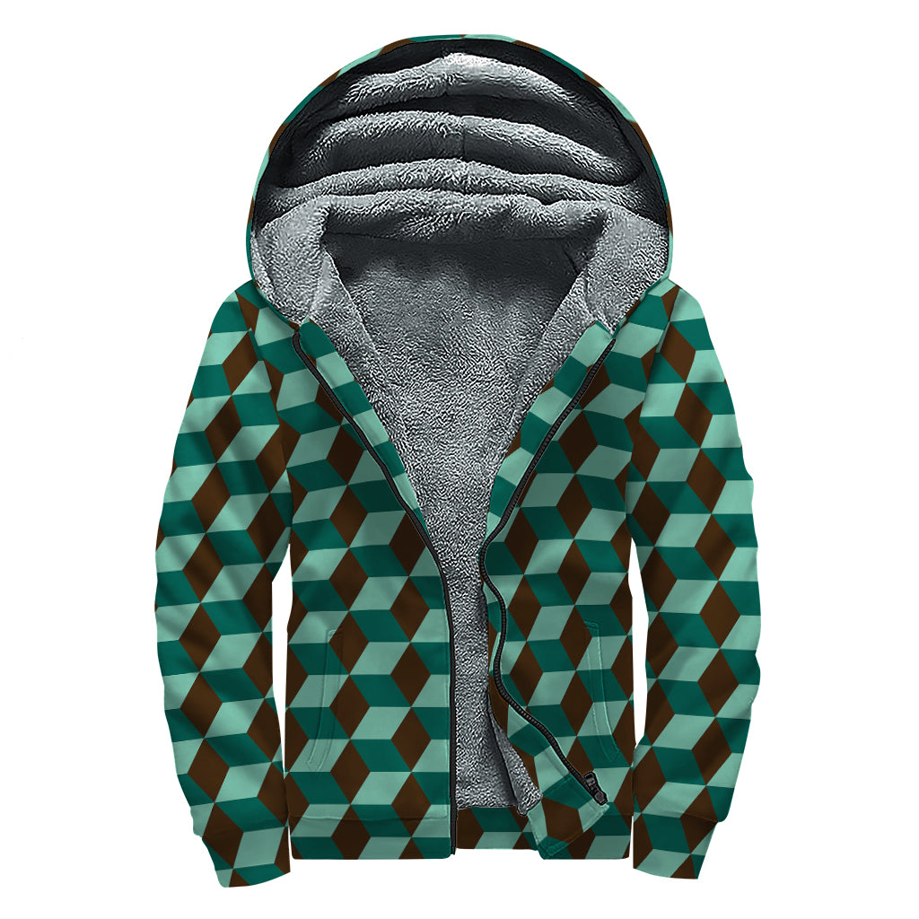 Dark Green Geometric Cube Pattern Print Sherpa Lined Zip Up Hoodie