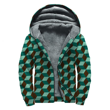 Dark Green Geometric Cube Pattern Print Sherpa Lined Zip Up Hoodie