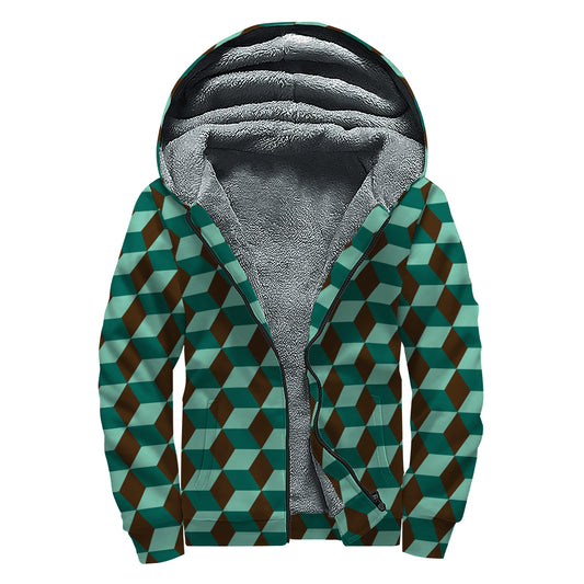 Dark Green Geometric Cube Pattern Print Sherpa Lined Zip Up Hoodie
