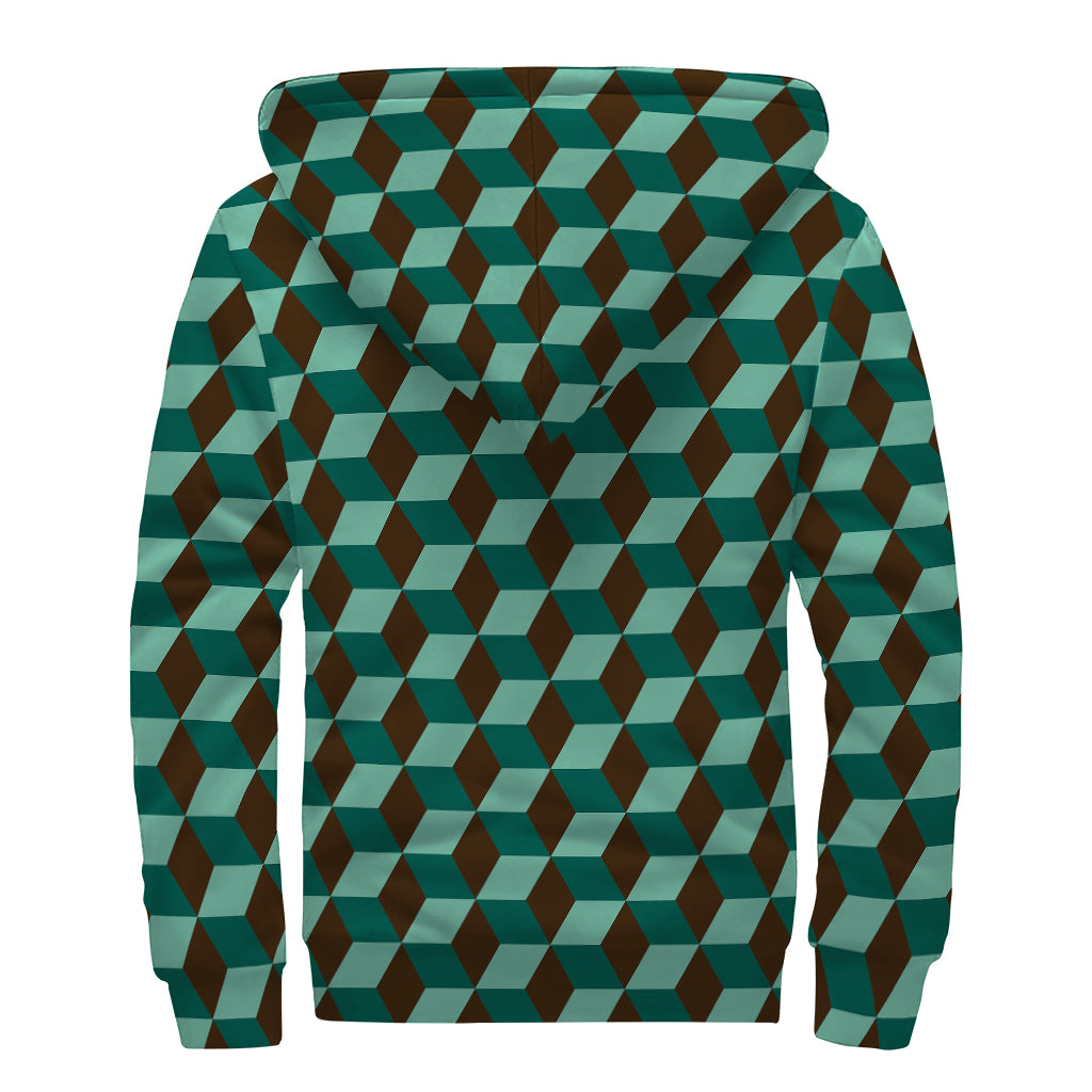 Dark Green Geometric Cube Pattern Print Sherpa Lined Zip Up Hoodie