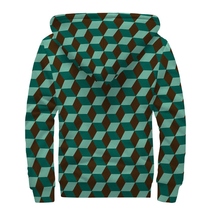 Dark Green Geometric Cube Pattern Print Sherpa Lined Zip Up Hoodie