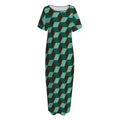 Dark Green Geometric Cube Pattern Print Short Sleeve Long Nightdress