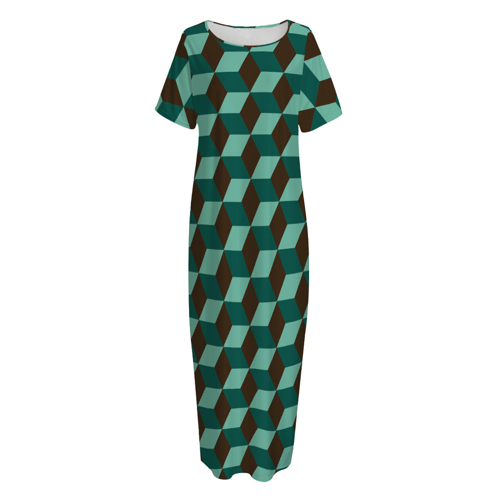 Dark Green Geometric Cube Pattern Print Short Sleeve Long Nightdress