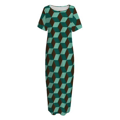 Dark Green Geometric Cube Pattern Print Short Sleeve Long Nightdress