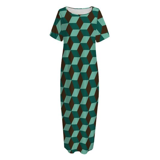 Dark Green Geometric Cube Pattern Print Short Sleeve Long Nightdress