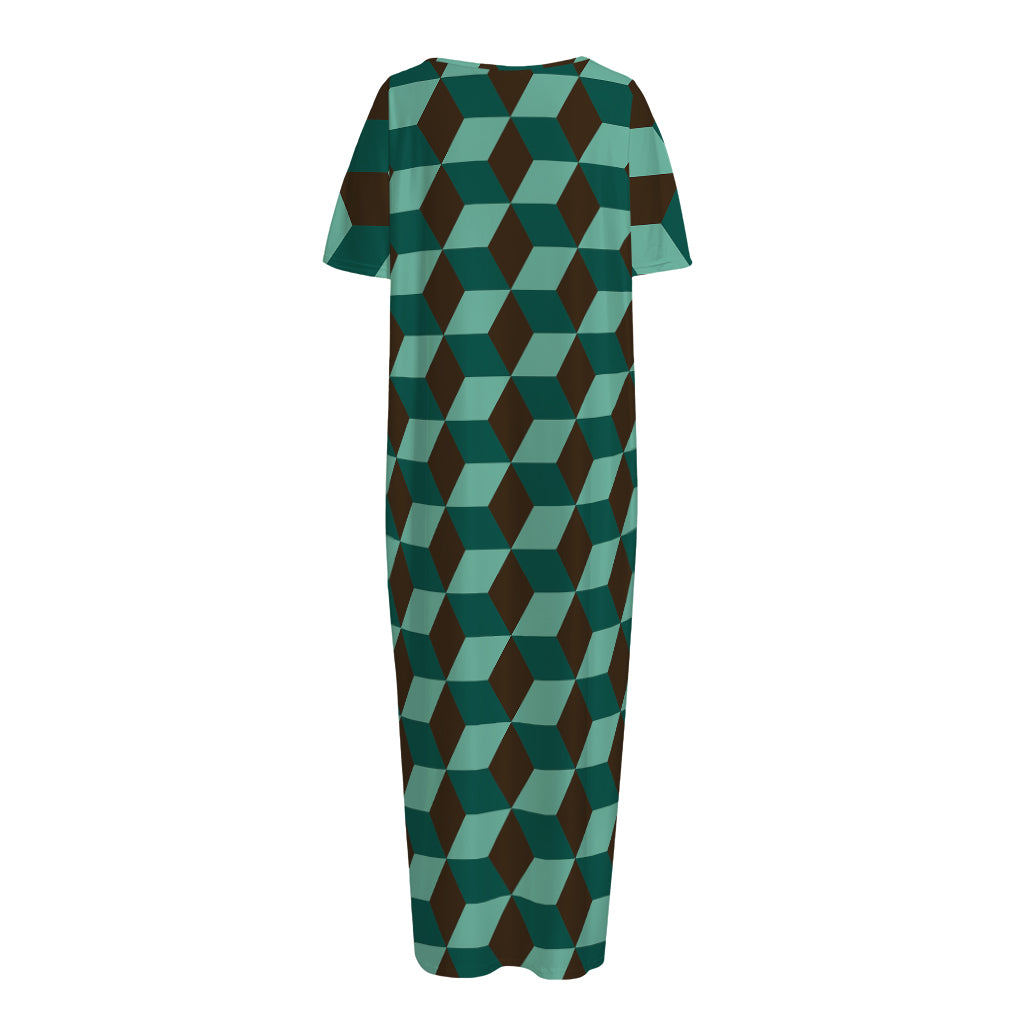 Dark Green Geometric Cube Pattern Print Short Sleeve Long Nightdress