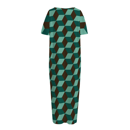 Dark Green Geometric Cube Pattern Print Short Sleeve Long Nightdress