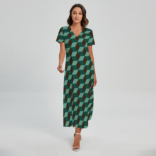 Dark Green Geometric Cube Pattern Print Short Sleeve Maxi Dress