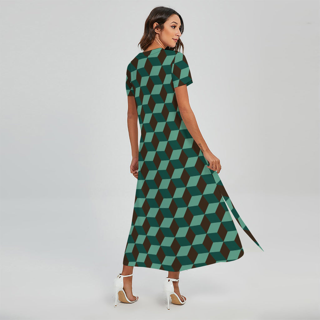 Dark Green Geometric Cube Pattern Print Short Sleeve Maxi Dress