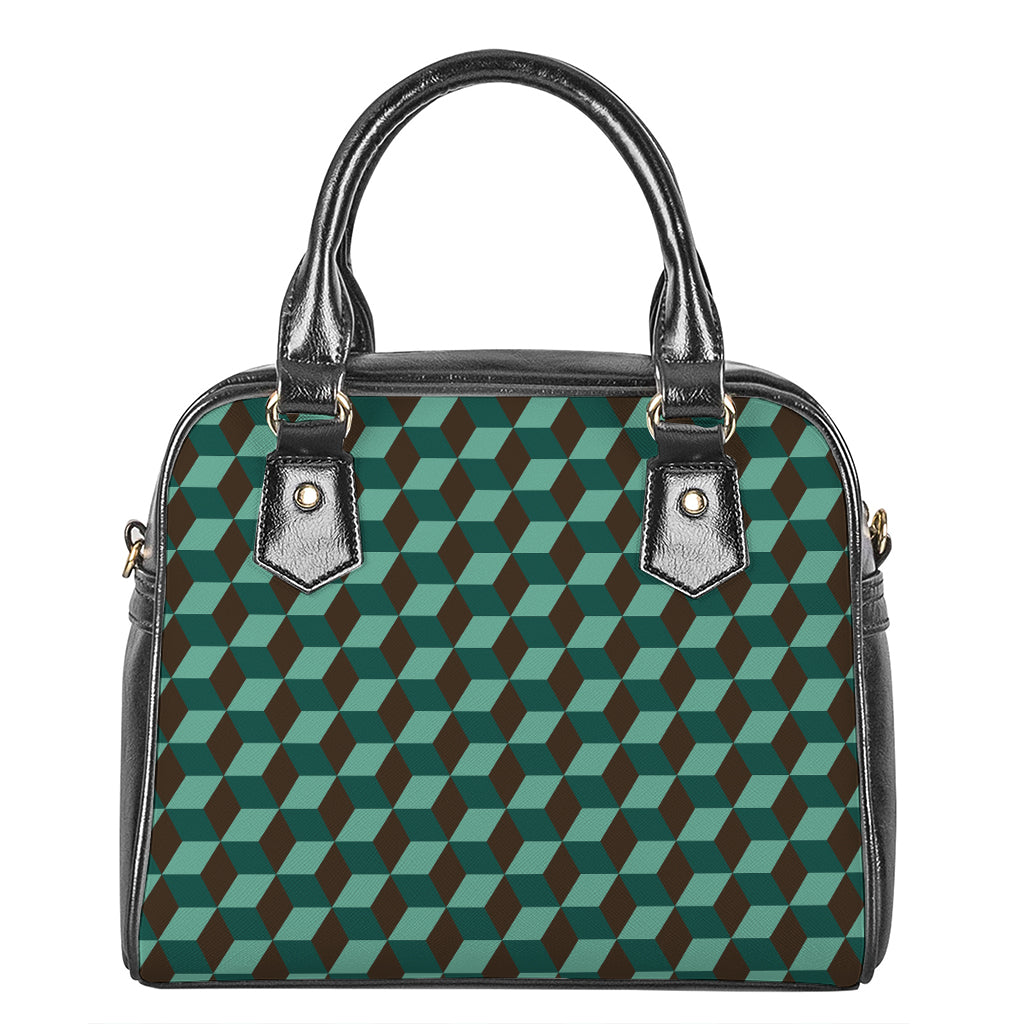 Dark Green Geometric Cube Pattern Print Shoulder Handbag