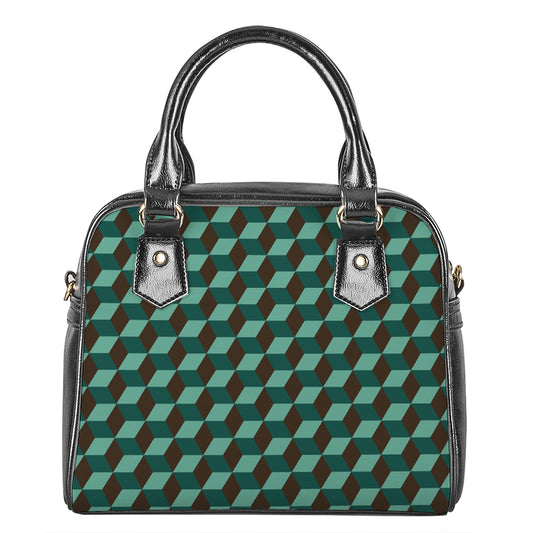 Dark Green Geometric Cube Pattern Print Shoulder Handbag