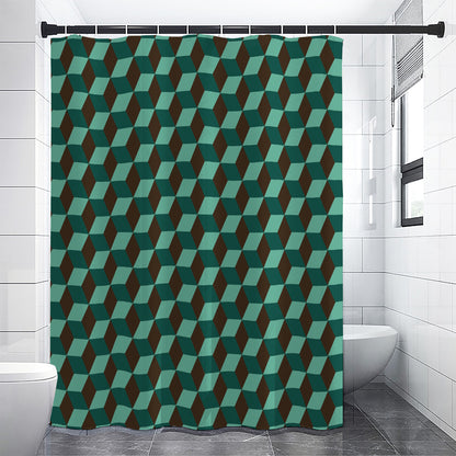 Dark Green Geometric Cube Pattern Print Shower Curtain