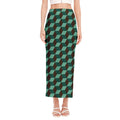 Dark Green Geometric Cube Pattern Print Side Slit Maxi Skirt