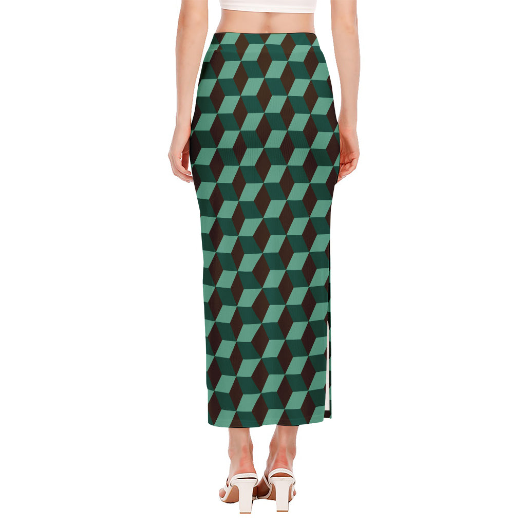 Dark Green Geometric Cube Pattern Print Side Slit Maxi Skirt