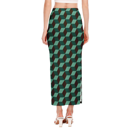 Dark Green Geometric Cube Pattern Print Side Slit Maxi Skirt
