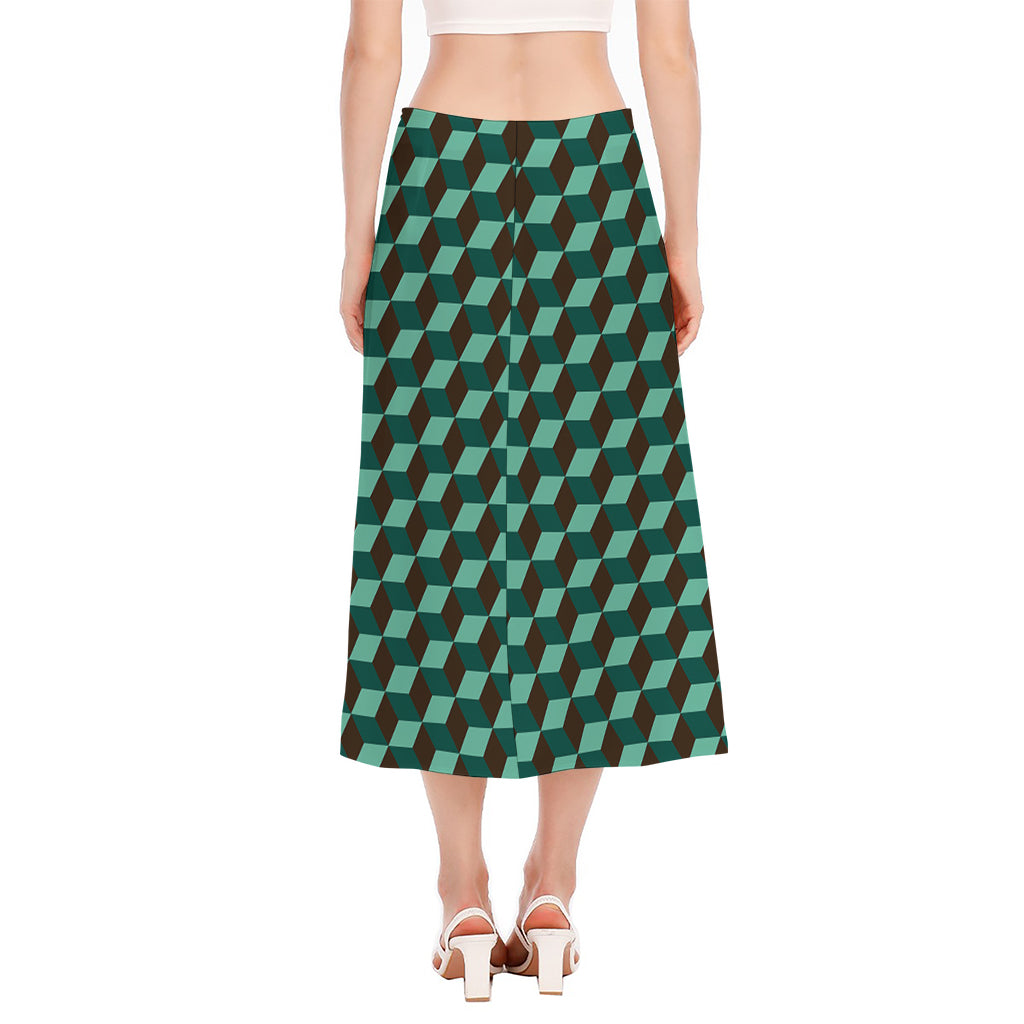 Dark Green Geometric Cube Pattern Print Side Slit Midi Skirt