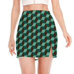 Dark Green Geometric Cube Pattern Print Side Slit Mini Skirt