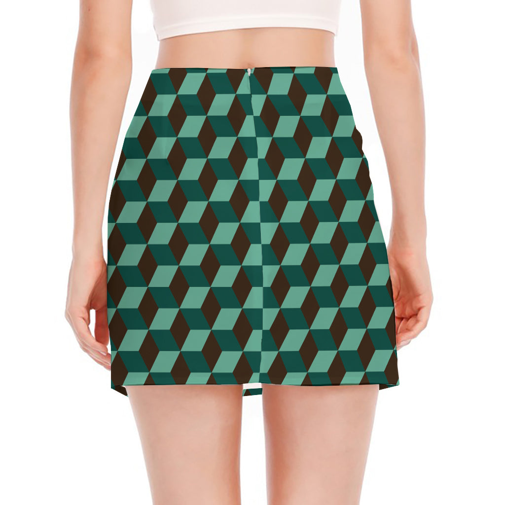 Dark Green Geometric Cube Pattern Print Side Slit Mini Skirt