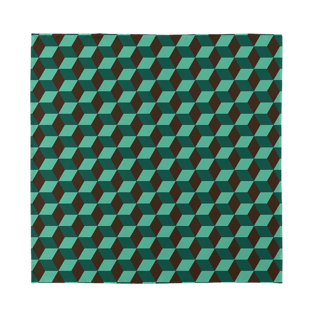 Dark Green Geometric Cube Pattern Print Silk Bandana