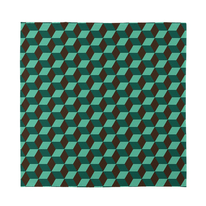 Dark Green Geometric Cube Pattern Print Silk Bandana