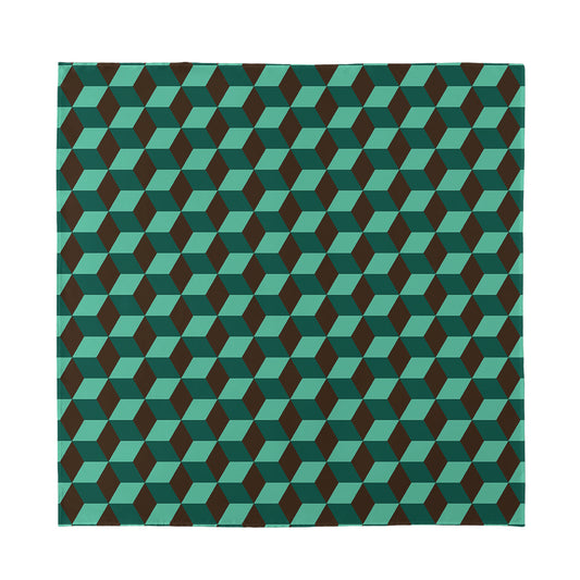 Dark Green Geometric Cube Pattern Print Silk Bandana